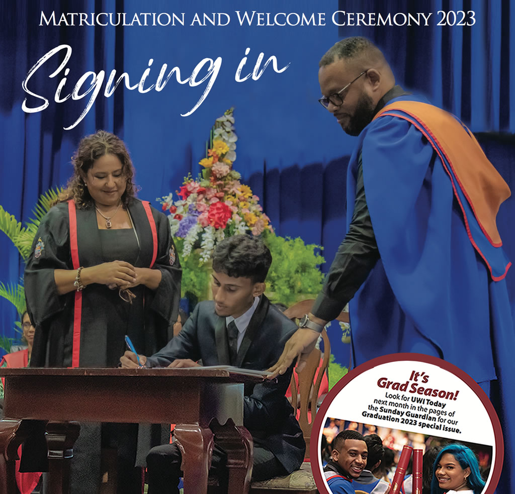 Shravan Maharaj, the top matriculant of UWI St Augustine’s 2023/2024 academic year, signs the Matriculant Register as Campus Registrar Dr Dawn-Marie De Four-Gill and Senior Administrative Assistant (Student Affairs) Mr Garth Jones look on. Held on September 28 at The UWI Sport and Physical Education Centre (SPEC), the Matriculation and Welcome Ceremony is a decades-long tradition where new students are recognised by the campus community. The ceremony includes signing the university register, reciting the academic vow, and witnessing their first academic procession, all intended to capture the significance of this new chapter of their educational and developmental journey.