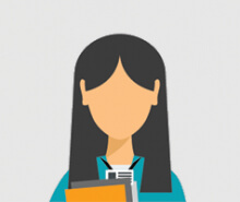 Flat icon of a woman with long hair, holding a folder, looking at the camera.