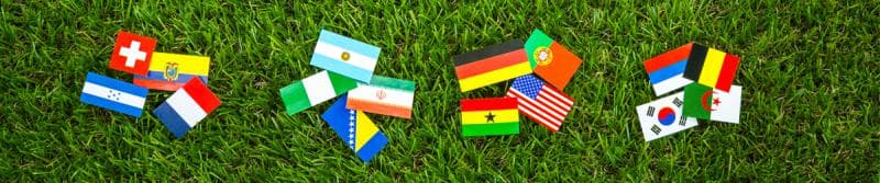 Colorful flags from different countries spread across a grassy area, representing international cultures and connections.
