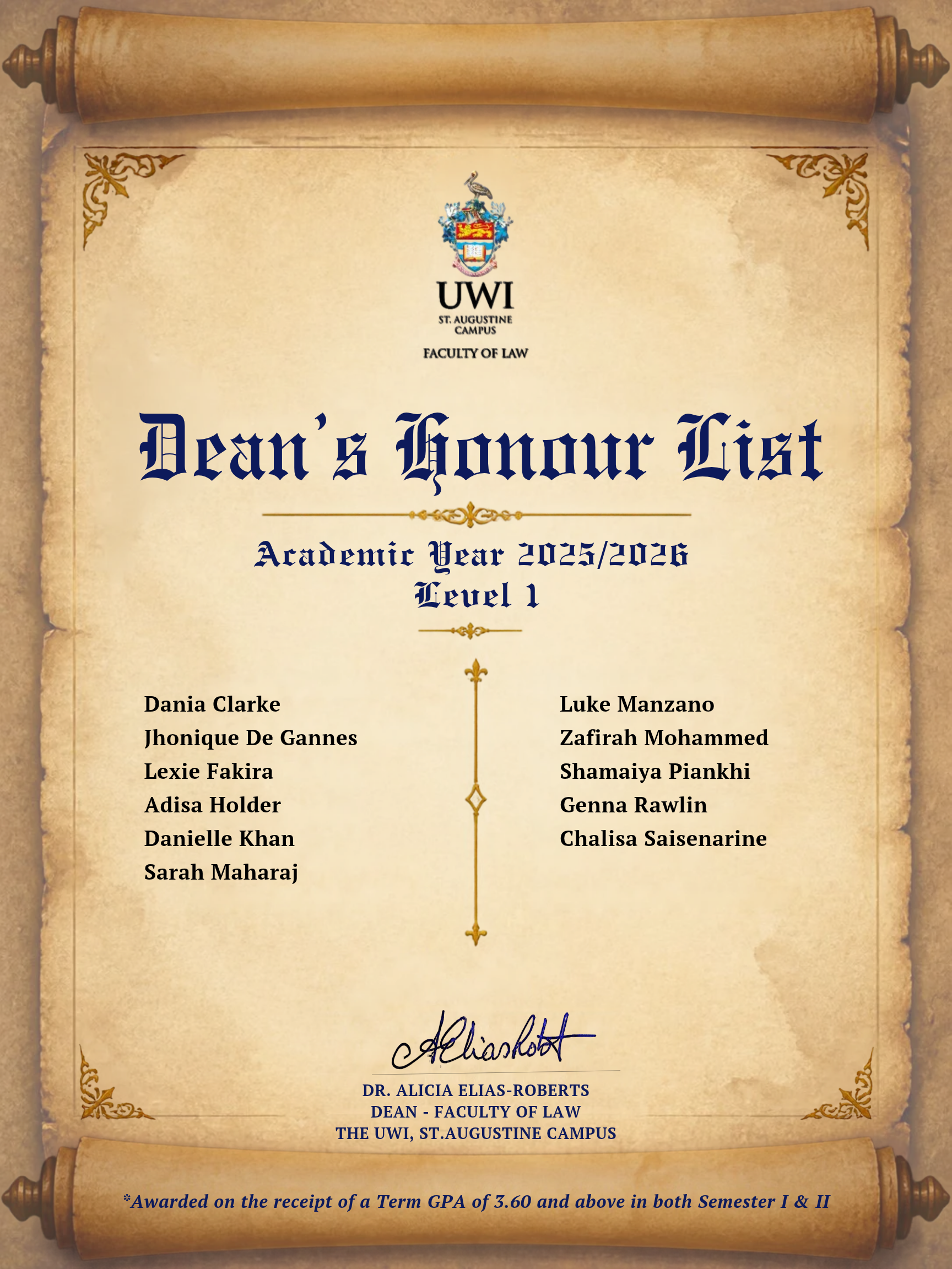 Dean’s Honour List Year 1 - 2025_2026