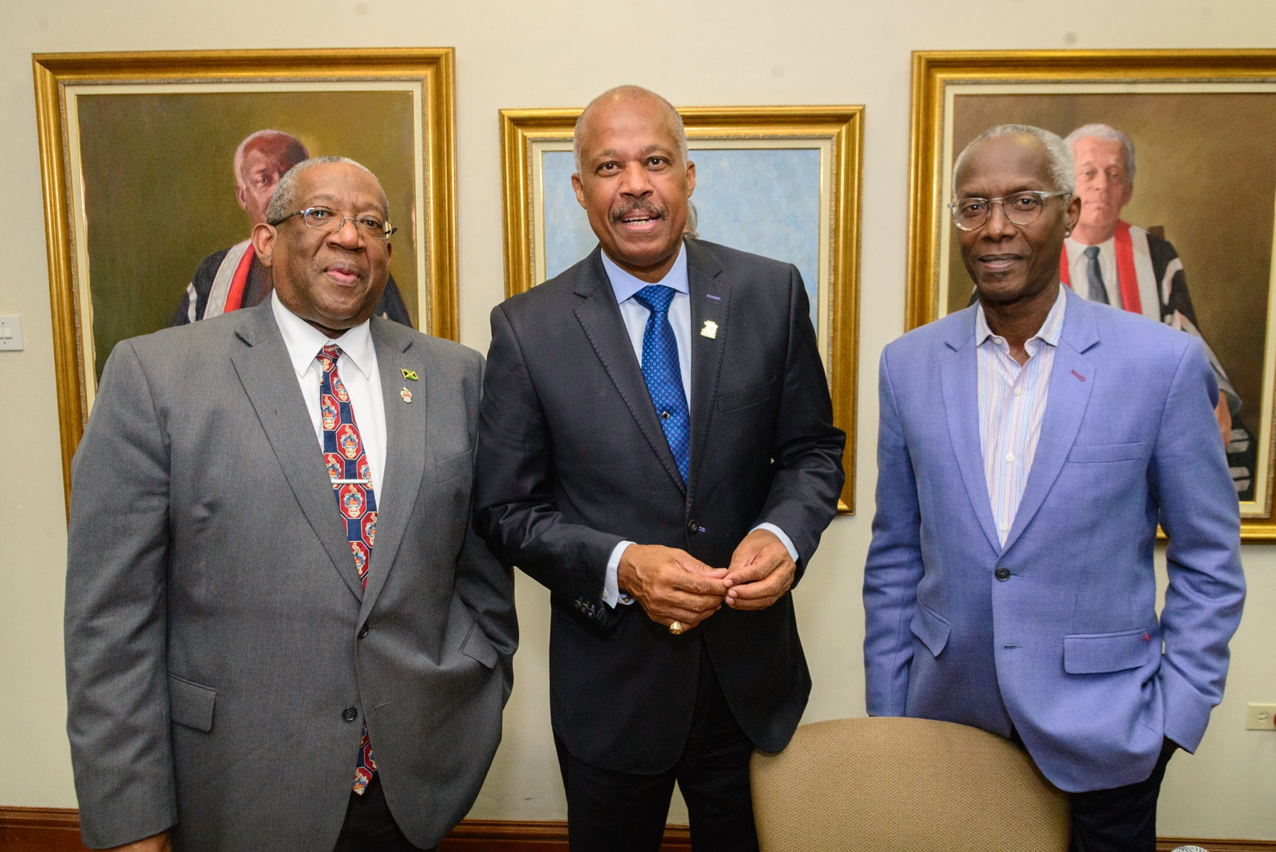 Professor Sir Hilary Beckles (centre), Vice-Chancellor of The UWI, flanked by Pro Vice-Chancellor and Campus Principal of The UWI, Mona, Professor Dale Webber (left) and University Registrar, Mr. C. William Iton at the Media Conference to announce The UWI Five Islands Campus
