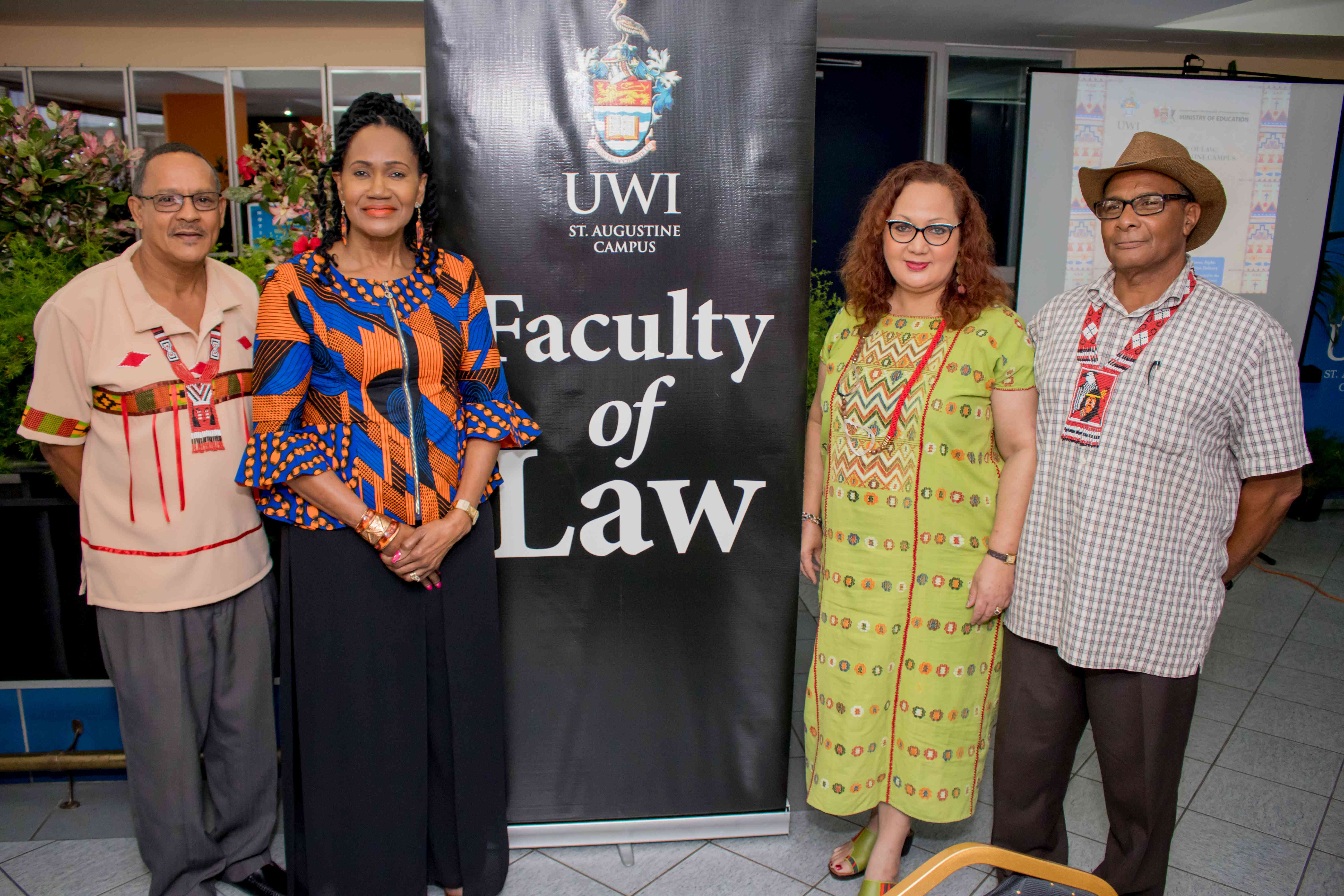 (From left) Chief Ricardo Hernandez, Chief of the Santa Rosa First Peoples Community; Minister of Labour and Small Enterprise Development Senator the Honourable Jennifer Baptiste-Primus; Prof. Rose-Marie Belle Antoine, Dean, Faculty of Law, The UWI, St. Augustine and Santa Rosa First Peoples “Medicine Man” Mr. Cristo Adonis at The UWI Faculty of Law Workshop on Pr otecting Intellectual Property and the Environmental Rights of Indigenous Peoples in Trinidad and Tobago