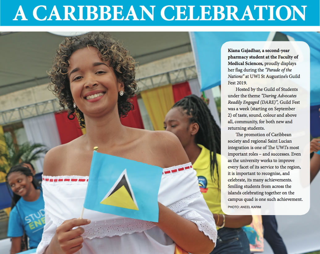 Kiana Gajadhar, a second-year pharmacy student at the Faculty of Medical Sciences, proudly displays her flag during the 'Parade of the Nations' at UWI St Augustine's Guild Fest 2019.